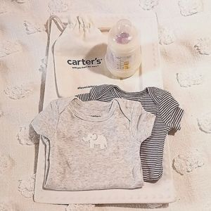 *New* Precious 💙 💝 Carter's 2 Newborne Onesies + 🍼 MAM Bottle & Pacifier 👣